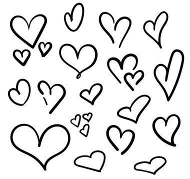 El izole ayarla kalpler çekilmiş. Sevgililer günü için tasarım öğeleri. Mürekkeple çizilmiş doodle kroki kalpler el topluluğu. Vektör çizim 10 Eps