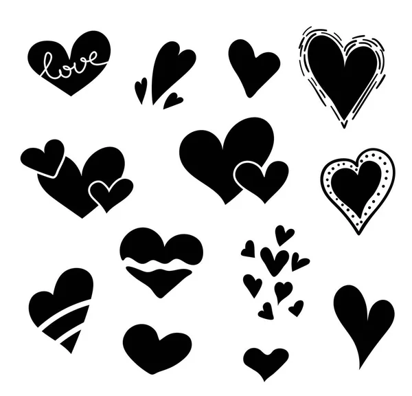 El izole ayarla kalpler çekilmiş. Sevgililer günü için tasarım öğeleri. Mürekkeple çizilmiş doodle kroki kalpler el topluluğu. Vektör çizim 10 Eps — Stok Vektör