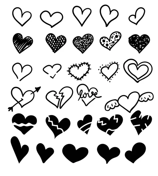 Hand getekend harten geïsoleerde instellen. Ontwerpelementen voor Valentijnsdag. Collectie van doodle schets harten hand getrokken met inkt. Vector illustratie 10 Eps — Stockvector