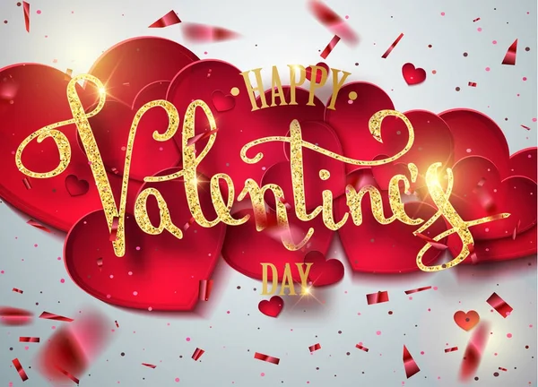 Boldog Valentin-nap arany kézírásos szöveg üdvözlőlap fényes konfetti esik. Kártya üdvözlőlap, piros háttéren piros szív mintás kalligráfia szöveggel. Kalligráfia betűkkel. Vektor. — Stock Vector