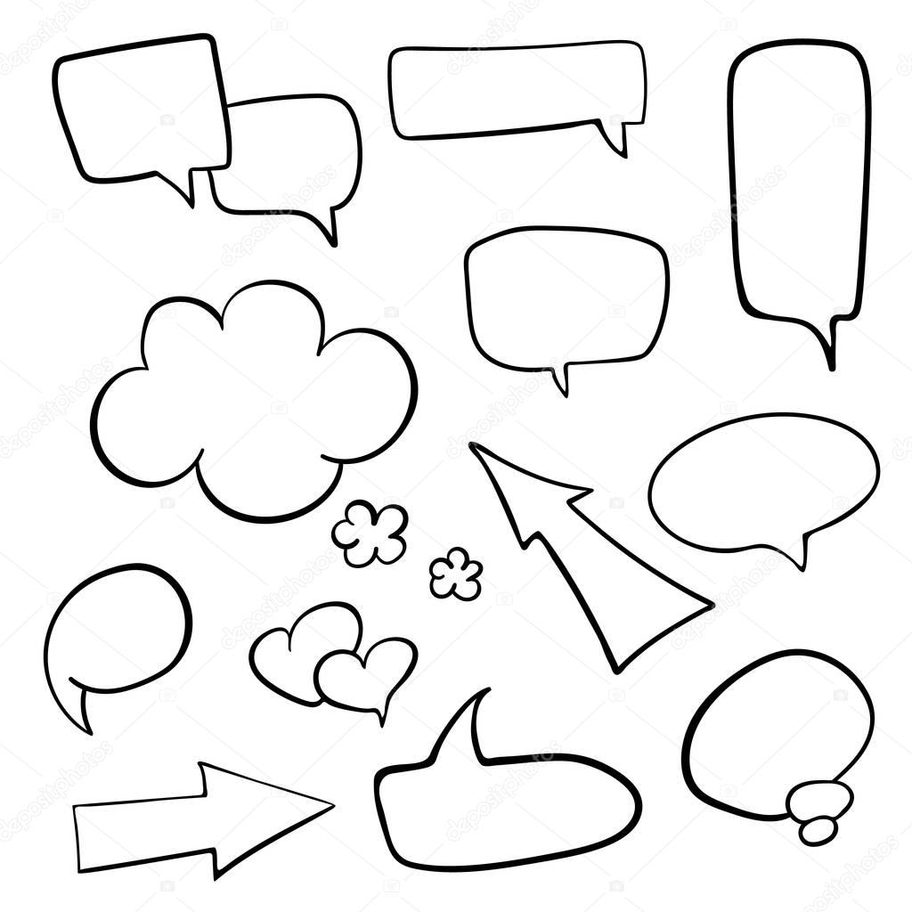 Hand drawn speech bubbles set isolated on white. Sketch speech bubbles set. Vector Collection of Hand Drawn Doodle Style. Vector illustration for your business and education design