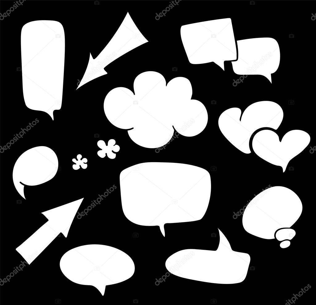 Hand drawn speech bubbles set isolated on white. Sketch speech bubbles set. Vector Collection of Hand Drawn Doodle Style. Vector illustration for your business and education design
