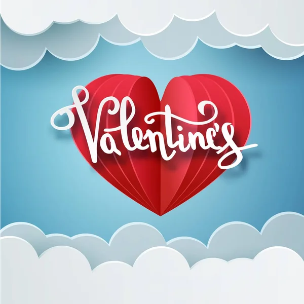 Happy Valentijnsdag vector handgeschreven tekst wenskaart kaart ontwerp met 3D-realistische papier knippen hart vorm ballon en hart decoraties in rode achtergrond. Vector illustratie 10 eps — Stockvector