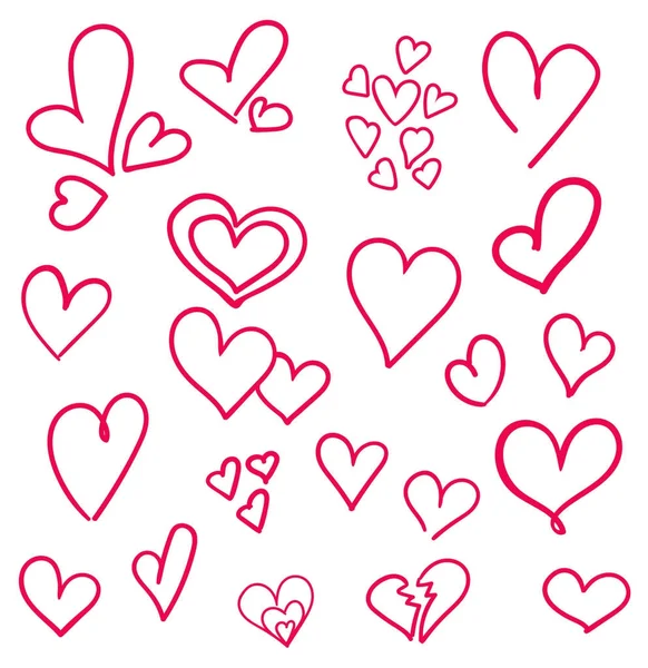 El izole ayarla kalpler çekilmiş. Sevgililer günü için tasarım öğeleri. Mürekkeple çizilmiş doodle kroki kalpler el topluluğu. Vektör çizim 10 Eps — Stok Vektör