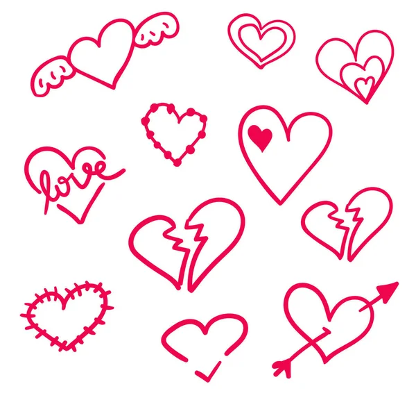 Hand drawn hearts set isolated. Design elements for Valentines day. Collection of doodle sketch hearts hand drawn with ink. Vector illustration 10 EPS — Stock Vector