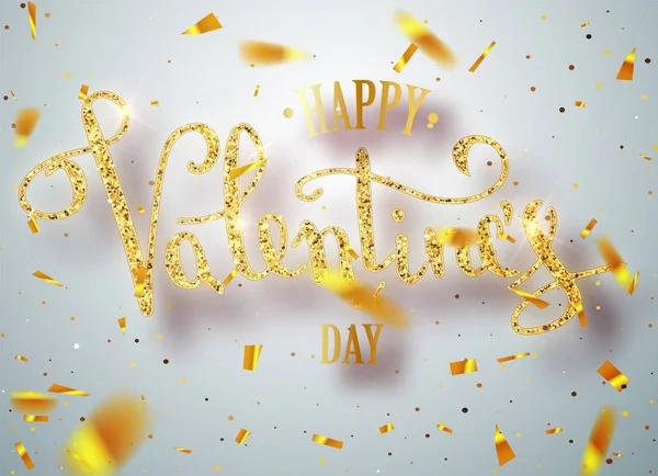 Happy Valentines zi de aur scris de mână carte de salut text de Falling Shiny Confetti. Card cu cartonaș de caligrafie cu model cardiac roșu text pentru felicitări pe fundal roșu. Scrisoare de caligrafie. Vector . — Vector de stoc