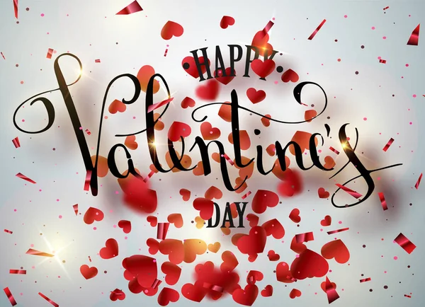 Happy Valentijnsdag handgeschreven tekst wenskaart van glanzende Confetti vallen. Kaart met rood hart patroon kalligrafie tekst voor een wenskaart op rode achtergrond. Kalligrafie belettering. Vector. — Stockvector