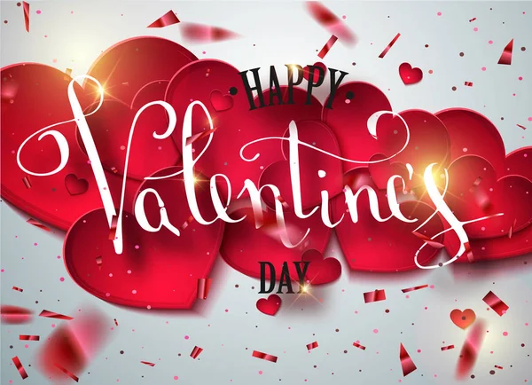 Happy Valentijnsdag handgeschreven tekst wenskaart van glanzende Confetti vallen. Kaart met rood hart patroon kalligrafie tekst voor een wenskaart op rode achtergrond. Kalligrafie belettering. Vector. — Stockvector