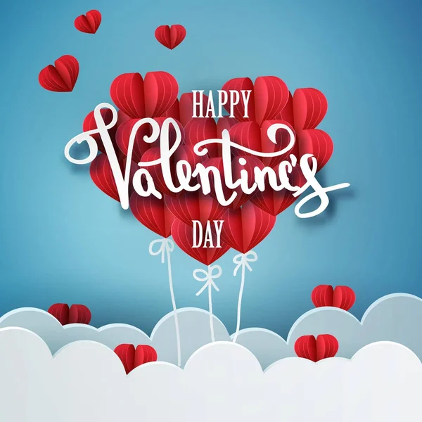 Happy Valentijnsdag vector handgeschreven tekst wenskaart kaart ontwerp met 3D-realistische papier knippen hart vorm ballon en hart decoraties in rode achtergrond. Vector illustratie 10 eps — Stockvector