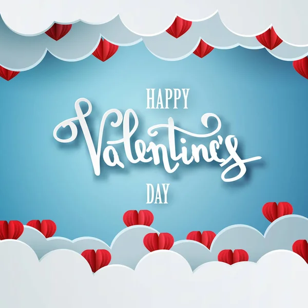 Boldog Valentin-nap vektor kézírásos szöveg üdvözlés kártya kártya design 3d reális papír vágott, szív alakú léggömb és szív dekorációk, piros háttér. Vektoros illusztráció 10 eps — Stock Vector