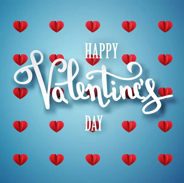 Happy Valentijnsdag vector handgeschreven tekst wenskaart kaart ontwerp met 3D-realistische papier knippen hart vorm ballon en hart decoraties in rode achtergrond. Vector illustratie 10 eps — Stockvector