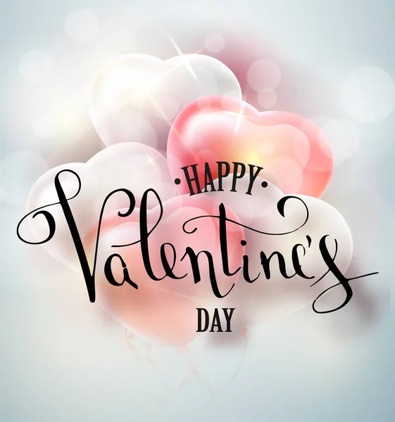 Mutlu Sevgililer günü vektör metin tebrik kartı kart tasarımı 3d gerçekçi kalp şekli balon ile el yazısı. Vektörel Illustrator 10 eps — Stok Vektör
