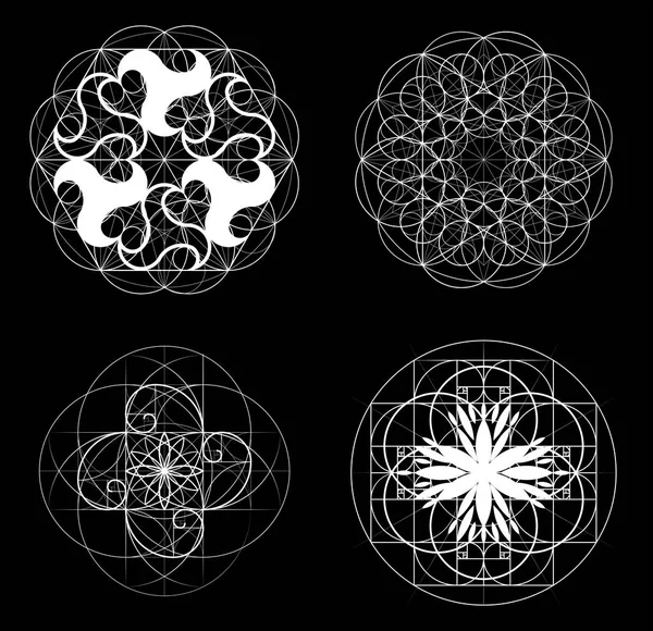 Secção dourada. Geometria Sagrada. Defina o símbolo vetorial na interseção para um número de linhas de Fibonacci. A passar dos limites. Círculos cruzados. Padrão geométrico. Ilustrações vetoriais . — Vetor de Stock