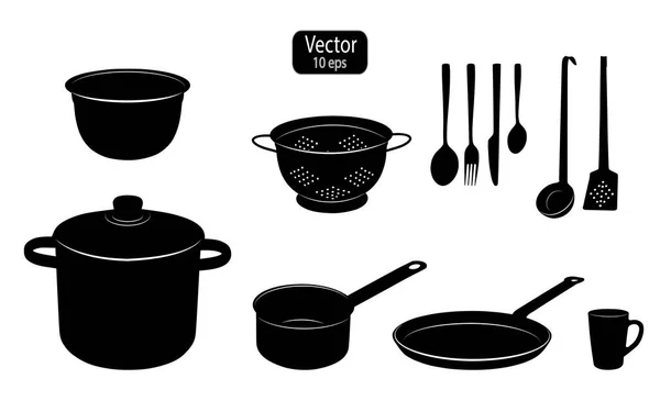 Küchenutensilien zum Kochen von Lebensmitteln. Silhouetten von Haushaltsgeräten. Kochtopf und Pfanne vorhanden. Vorlagen für Web, Icons. Vektorillustration — Stockvektor