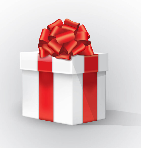 Белая подарочная коробка с красным луком и тенью. Кривая красная лента с золотой полосой привязанный лук изолированный реалистичный векторный объект на белом фоне. 10 EPS
