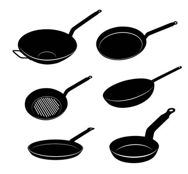 Tava seti. Yemek yemek için mutfak eşyaları. Tencereye ve Pan Siluetleri mutfak araçları. Vektör çizim