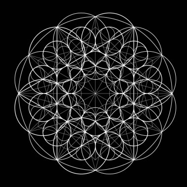 Siyah arka plan üzerine daireler üzerinden süsleme. Geometrik model öğeleri tekrarı tabanlı. Kutsal geometri. Mandala için şablon. Vektör desen
