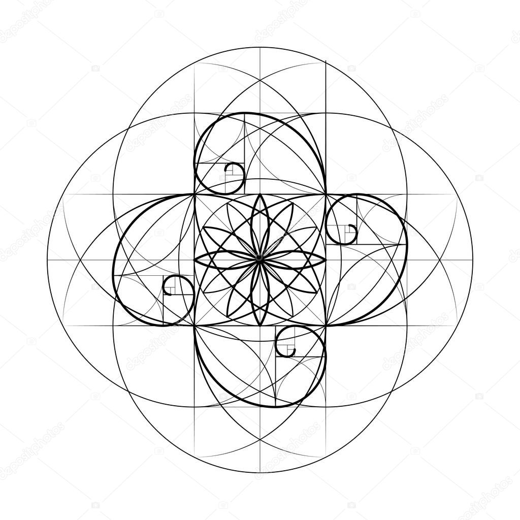 Golden Section. Sacred Geometry. Vector symbol at the intersection for a number of Fibonacci lines. Crossing lines. Intersecting circles. Geometric pattern. Vector illustrations.