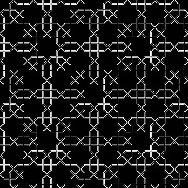 Seamless pattern with overlapping geometric shapes forming abstract ornament. Vector stylish texture in black and white color. Ethnic line islamic pattern — Stock Vector