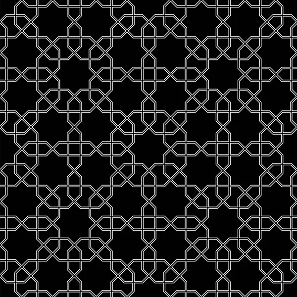 Seamless pattern with overlapping geometric shapes forming abstract ornament. Vector stylish texture in black and white color. Ethnic line islamic pattern — Stock Vector