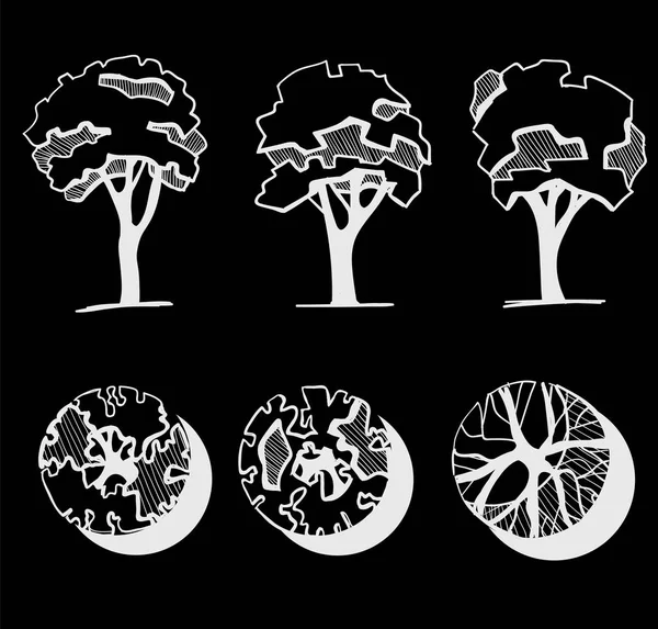 Δέντρα για ένα σχέδιο τοπίων. Διαφορετικά το χέρι συντάσσονται δέντρα απομονώνονται σε μαύρο φόντο, το σκίτσο, το αρχιτεκτονικό στυλ της στη ζωγραφική δέντρα σύνολο. Κορυφαία και μπροστινή όψη — Διανυσματικό Αρχείο