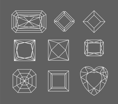 Elmas. Mücevher çizgi çizim vektör kümesi. Kristal formları. Değerli ve sahtekar taşlar geometrik şekiller. Takı anahat dağılımı. Geometri rakamlar. Elmas tasarım öğeleri