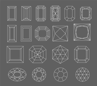 Elmas. Mücevher çizgi çizim vektör kümesi. Kristal formları. Değerli ve sahtekar taşlar geometrik şekiller. Takı anahat dağılımı. Geometri rakamlar. Elmas tasarım öğeleri