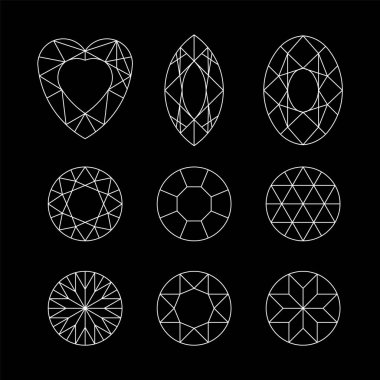 Elmas. Mücevher çizgi çizim vektör kümesi. Kristal formları. Değerli ve sahtekar taşlar geometrik şekiller. Takı anahat dağılımı. Geometri rakamlar. Elmas tasarım öğeleri