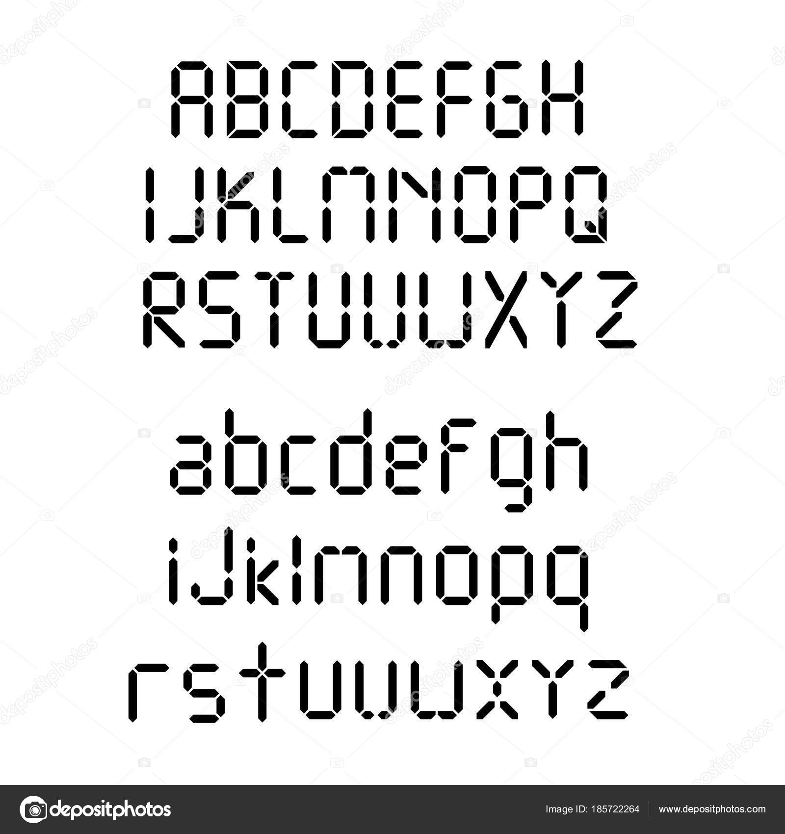 Digital font. Alarm clock letters. Numbers and letters set for a digital watch and other ...
