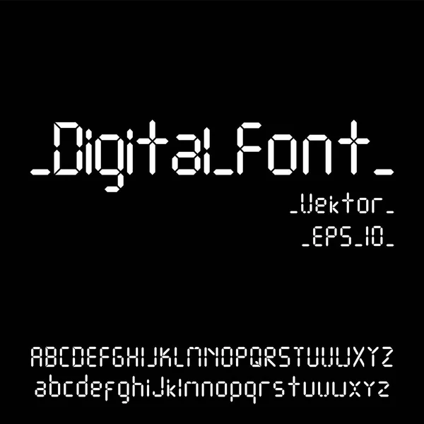 Digitale lettertype. Wekker brieven. Cijfers en letters instellen voor een digitaal horloge en andere elektronische apparaten. Vector alfabet geïsoleerd — Stockvector