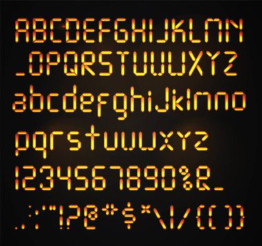 Dijital yazı tipi göl kenarında. Parlayan gerçekçi sayısal alfabe. Çalar saat harfler. Rakam ve harf bir dijital saat ve diğer elektronik cihazlar için ayarla. Vektör alfabesi.