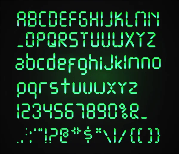 Digitaal groen lettertype Geïsoleerd op een donkere achtergrond. Gloeiend realistisch Digitaal alfabet. Wekker klok letters. Nummers en letters voor een digitaal horloge en andere elektronische apparaten. Vectoralfabet. — Stockvector