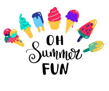 Yazı yaz. El yaz afiş dondurma ile çekilmiş. Parlak yaz poster. Yaz tatili ve parti için öğeleri koleksiyonu yaz el çekilmiş. Yaz tipografik. Vektör çizim