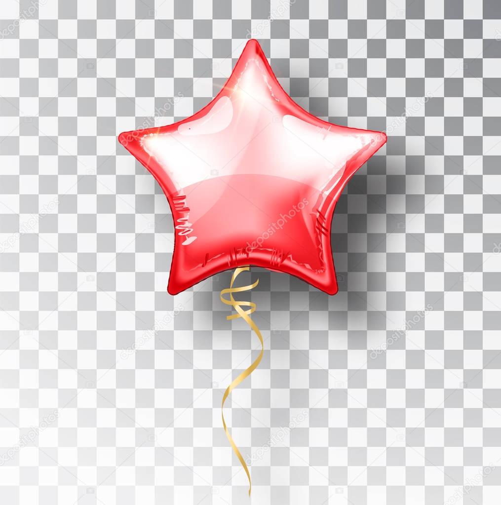 Star red balloon on transparent background. Party helium balloons event design decoration. Balloons isolated air. Mockup for balloon print. Stocking Christmas decorations. Vector isolated object