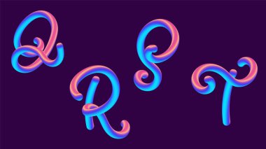 Degrade yazı holografik 3D. Yazı tipini ayarla mektup - q, r, s, t. canlı degrade şekli ile. Sıvı renk yolu. Tipografi vektör çizim. Pırıltı ile kabarcık font. Fütüristik stil 10 Eps vektör