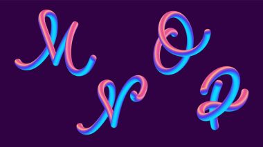 Degrade yazı holografik 3D. Yazı ile mektup m, n, o, s. canlı degrade şekli ayarlayın. Sıvı renk yolu. Tipografi vektör çizim. Pırıltı ile kabarcık font. Fütüristik stil 10 Eps vektör