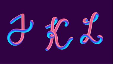 Degrade yazı holografik 3D. Mektup - j, k, l ayarla yazı tipi. Canlı degrade şekli. Sıvı renk yolu. Tipografi vektör çizim. Pırıltı ile kabarcık font. Fütüristik stil 10 Eps vektör