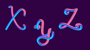 Degrade yazı holografik 3D. Yazı ile mektup - x, y, z ayarlayın. Canlı degrade şekli. Sıvı renk yolu. Tipografi vektör çizim. Pırıltı ile kabarcık font. Fütüristik stil 10 Eps vektör