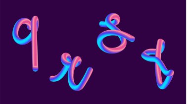 Degrade yazı holografik 3D. Yazı tipini ayarla mektup - q, r, s, t. canlı degrade şekli ile. Sıvı renk yolu. Tipografi vektör çizim. Pırıltı ile kabarcık font. Fütüristik stil 10 Eps vektör