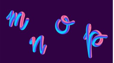 Degrade yazı holografik 3D. Yazı ile mektup m, n, o, s. canlı degrade şekli ayarlayın. Sıvı renk yolu. Tipografi vektör çizim. Pırıltı ile kabarcık font. Fütüristik stil 10 Eps vektör