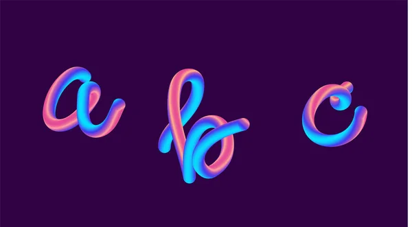 3D kleurovergang belettering holografische. Lettertype set met brief - a, b, c. Levendige verlopende vorm. Vloeibare kleur pad. Typografie vectorillustratie. Bubble lettertype met glinstering. Futuristische stijl vector 10 Eps — Stockvector