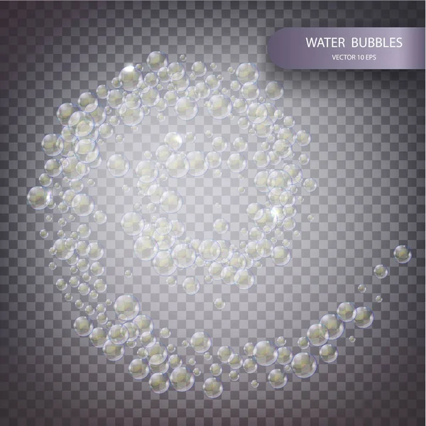 Wasserblasen isoliert auf einem durchsichtigen karierten Hintergrund. Unterwasser sprudelnde, funkelnde Sauerstoffblasen im Wasser. Schillernde Seifenblasen mit Reflex und Reflexion, realistischer Vektoreffekt — Stockvektor
