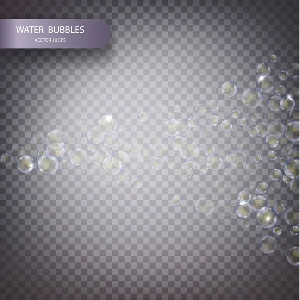 stock vector Water bubbles isolated on a transparent checkered background. Underwater effervescent sparkling oxygen bubbles in water. Iridescent soap bubbles with reflex and reflection, realistic vector effect