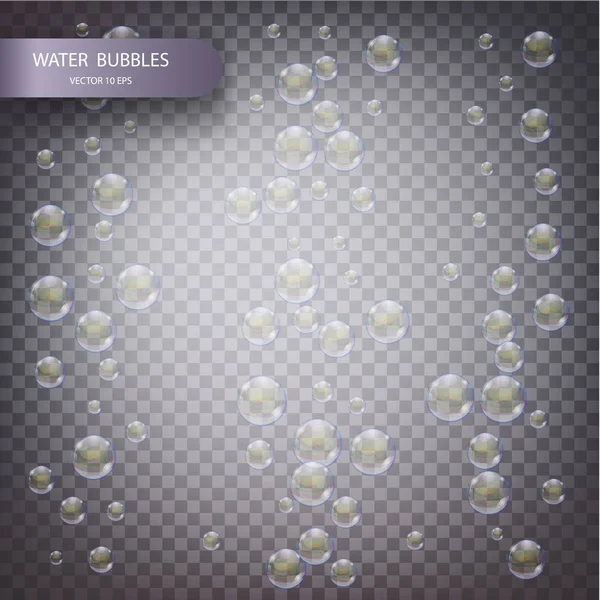Burbujas de agua aisladas sobre un fondo transparente a cuadros. Burbujas de oxígeno efervescentes bajo el agua en el agua. Burbujas de jabón iridiscentes con reflejo y reflexión, efecto vectorial realista — Archivo Imágenes Vectoriales