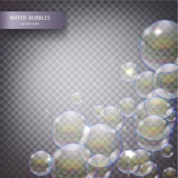 Vatten bubblor isolerad på en transparent rutig bakgrund. Underwater brustabletter gnistrande syre bubblor i vattnet. Skimrande såpbubblor med reflex och reflektion, realistisk vektor ikraftträdande — Stock vektor
