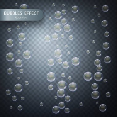 Su kabarcıkları saydam damalı arka plan üzerinde izole. Vektör gerçekçi etkisi şablonu. Yanardöner sabun köpüğü