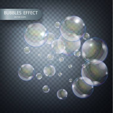 Su kabarcıkları saydam damalı arka plan üzerinde izole. Vektör gerçekçi etkisi şablonu. Yanardöner sabun köpüğü