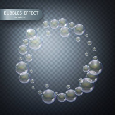 Su kabarcıkları saydam damalı arka plan üzerinde izole. Vektör gerçekçi etkisi şablonu. Yanardöner sabun köpüğü