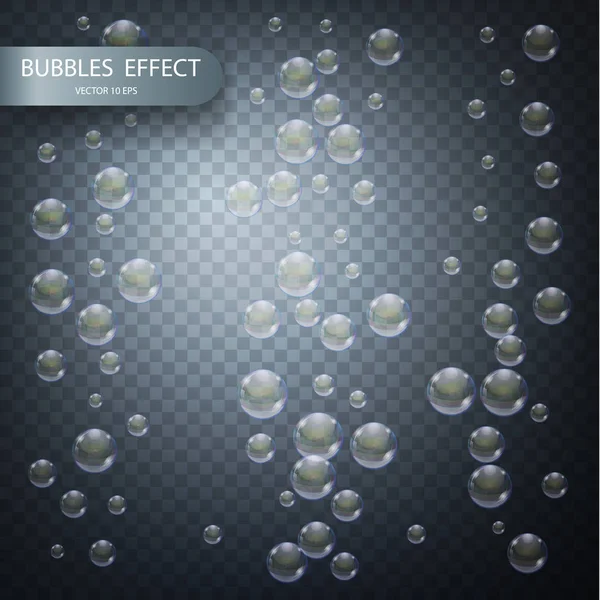 Bolle d'acqua isolate su uno sfondo a scacchi trasparente. Modello di effetto realistico vettoriale. Bolle di sapone iridescenti — Vettoriale Stock