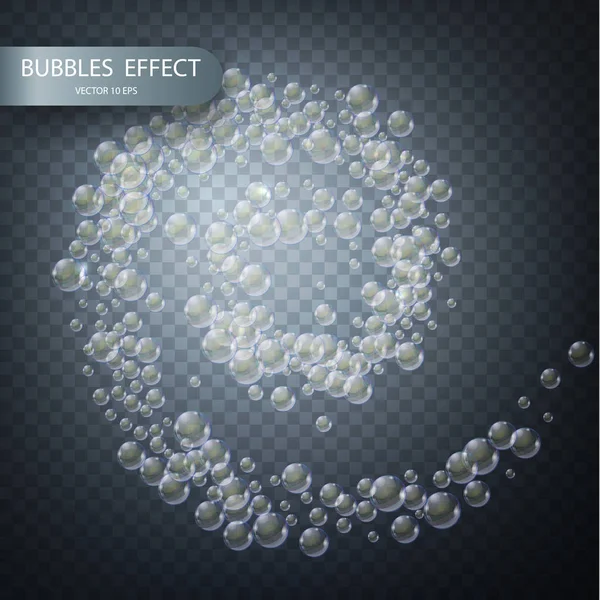 Su kabarcıkları saydam damalı arka plan üzerinde izole. Vektör gerçekçi etkisi şablonu. Yanardöner sabun köpüğü